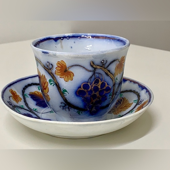 19th Century Vtg Gaudy Welsh Blackberry Pattern Handleless Teacup & Saucer Set - Picture 13 of 15